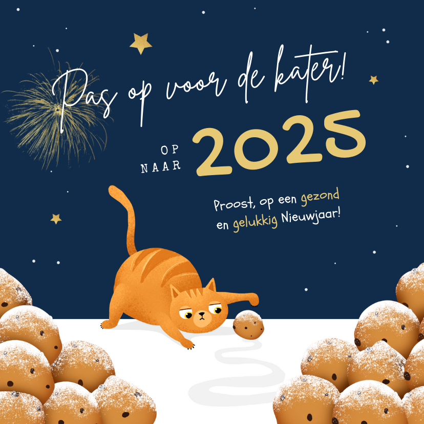 Nieuwjaarskaarten - Nieuwjaarskaart kat oliebollen grappig 2025 kater sterren