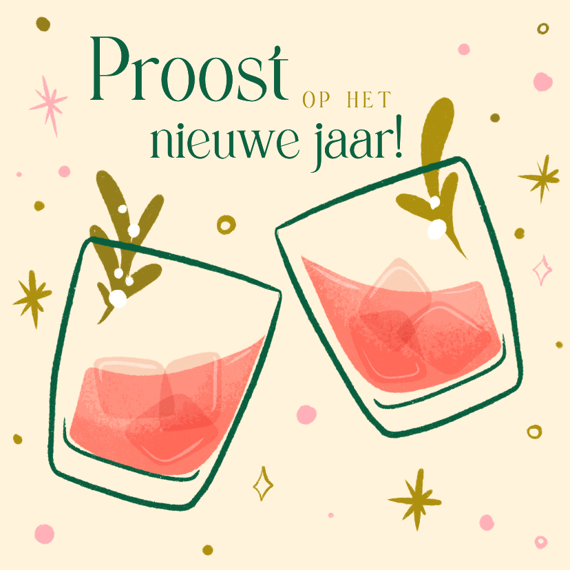 Nieuwjaarskaarten - Nieuwjaarskaart met cocktails en confetti