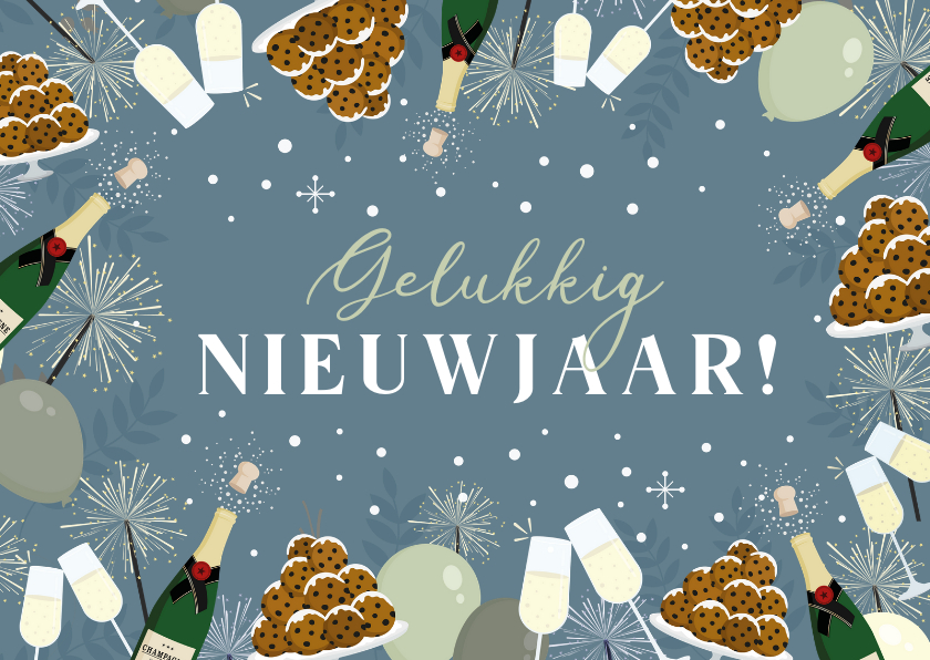 Nieuwjaarskaarten - Nieuwjaarskaart met illustraties van champagne en oliebollen