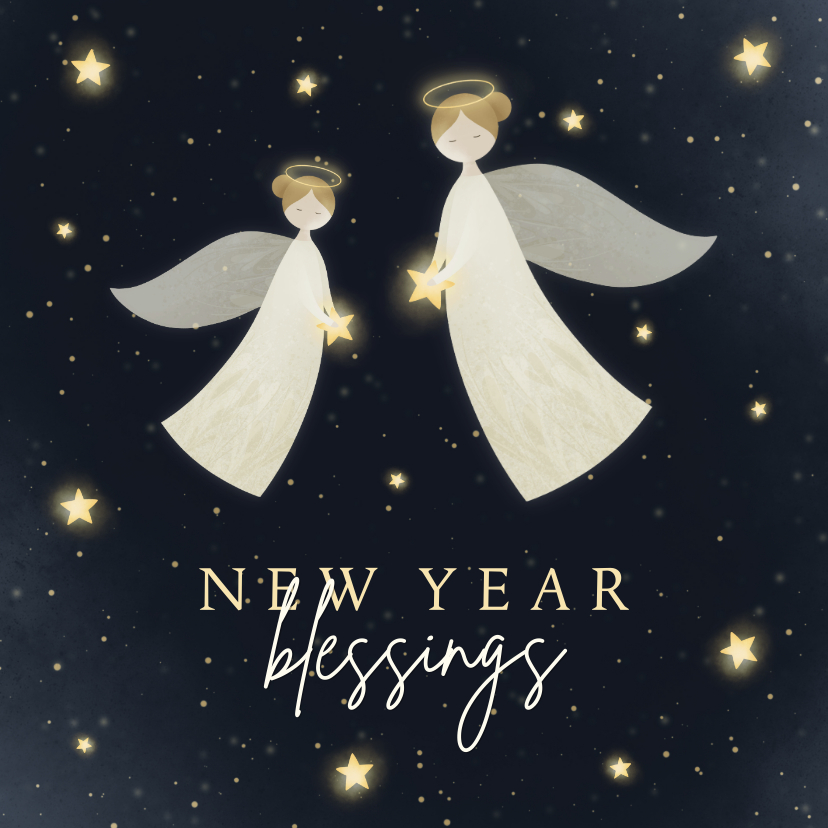Nieuwjaarskaarten - Nieuwjaarskaart New Year Blessings met 2 engelen en sterren