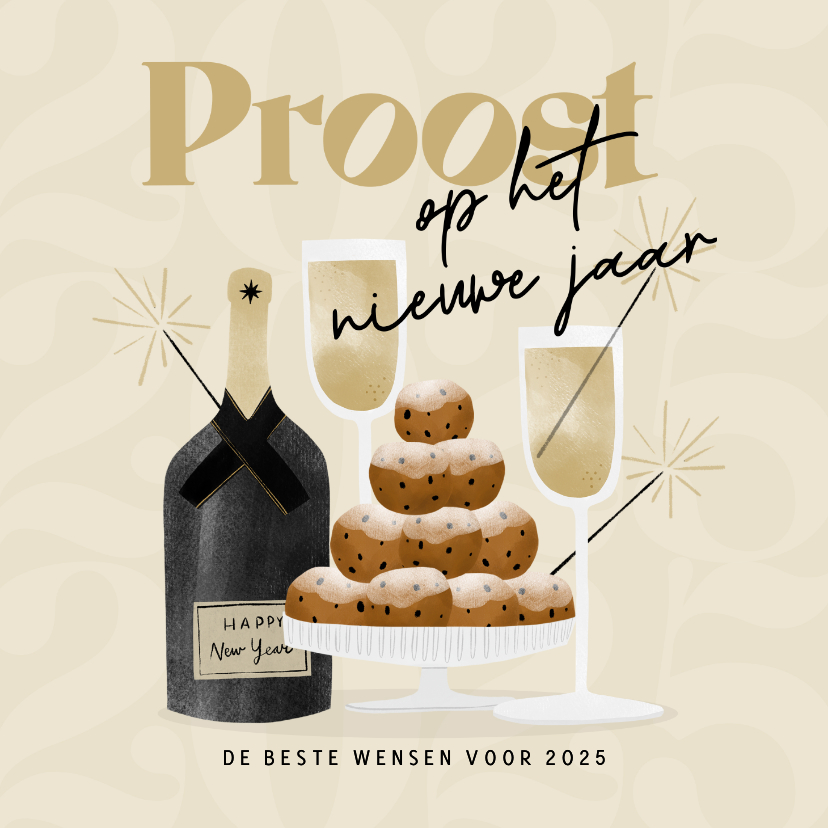 Nieuwjaarskaarten - Nieuwjaarskaart proost nieuwe jaar champagne oliebollen