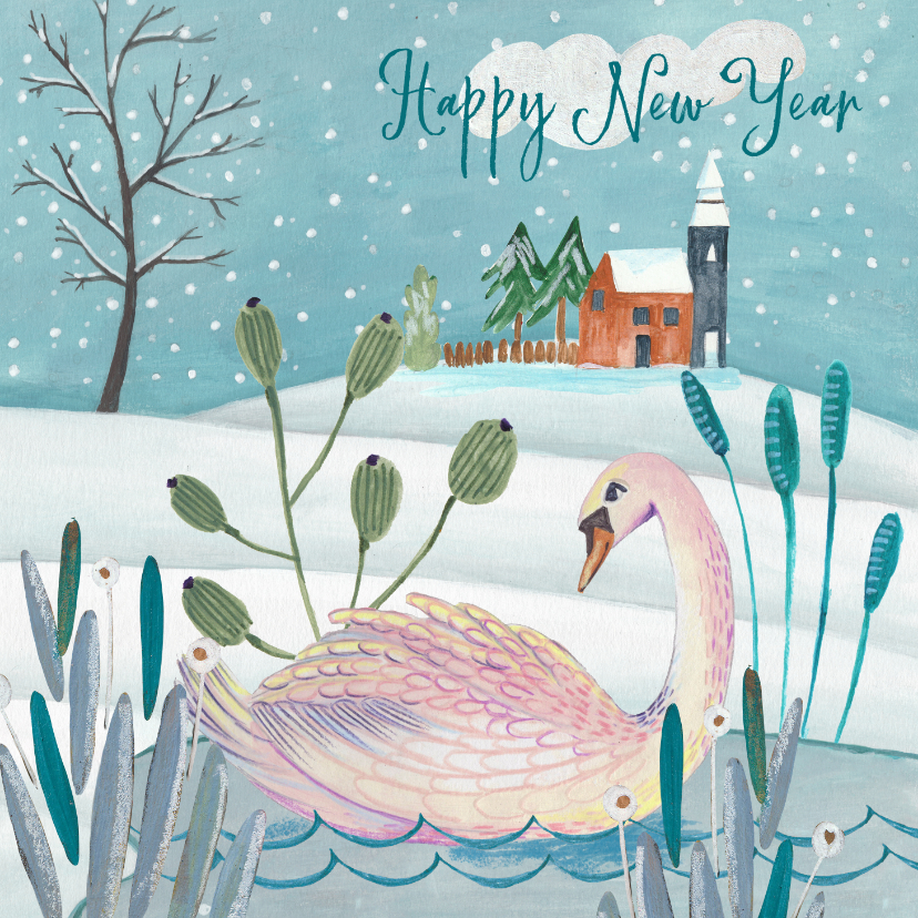 Nieuwjaarskaarten - Nieuwjaarskaart zwaan in de sneeuw