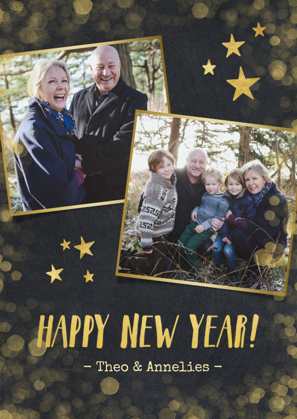 Nieuwjaarskaarten - Nieuwjaarskaart zwart met goud en 2 eigen foto's