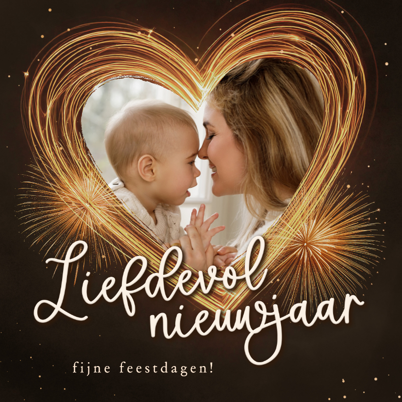 Nieuwjaarskaarten - Nieuwjaarskaartje met gouden hart vuurwerk en foto