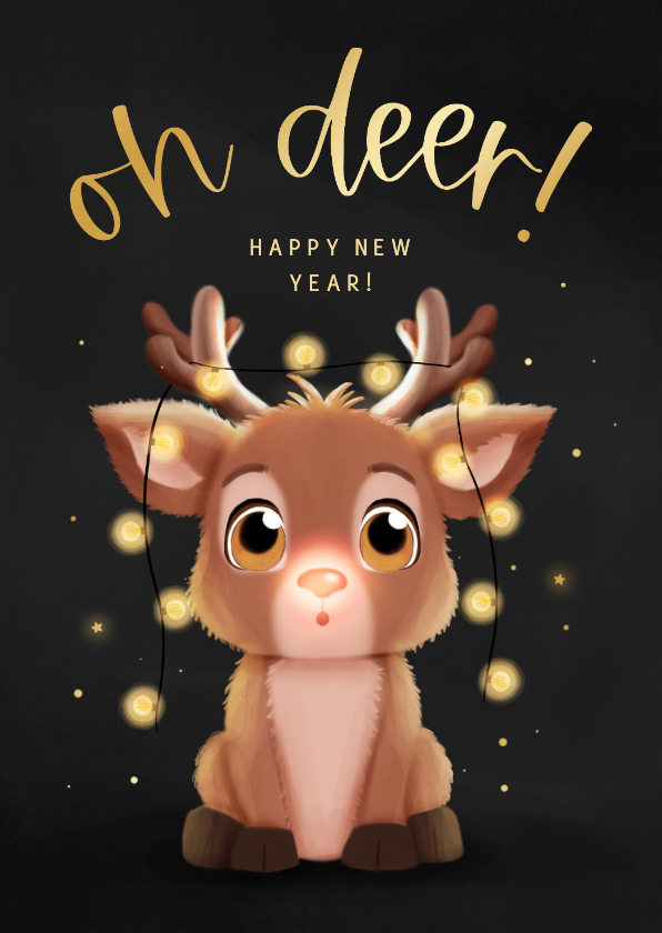 Nieuwjaarskaarten - Nieuwjaarskaartje oh deer happy new year rendier lampjes