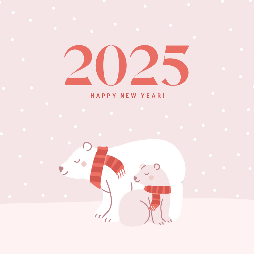 Nieuwjaarskaarten - Schattige roze nieuwjaarskaart met ijsbeertjes in de sneeuw