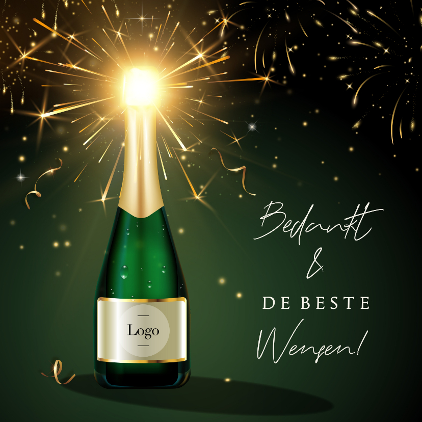 Nieuwjaarskaarten - Stijlvolle nieuwjaarskaart zakelijk champagnefles met logo