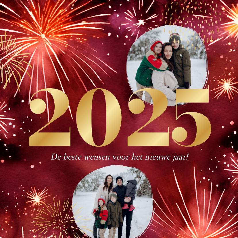 Nieuwjaarskaarten - Stijlvolle rode nieuwjaarskaart met vuurwerk en goud jaartal