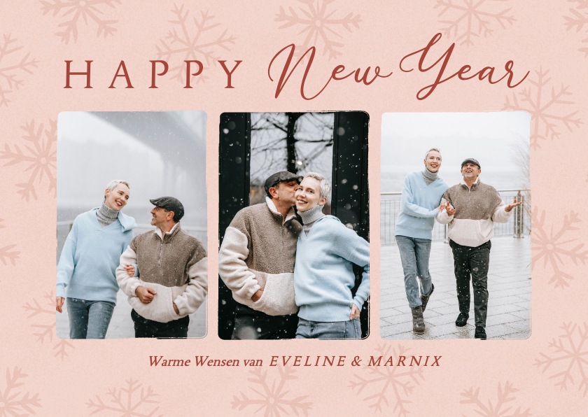 Nieuwjaarskaarten - Vrolijke fotokaart voor nieuwjaar met sneeuwvlokken in roze