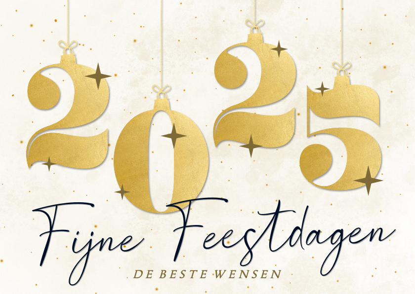 Nieuwjaarskaarten - Witte nieuwjaarskaart met kerstballen cijfers in goudlook