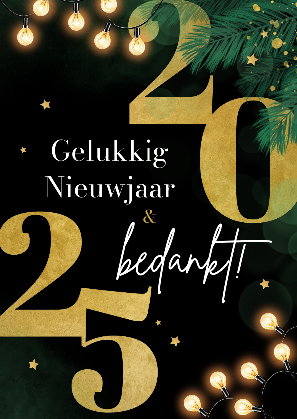 Nieuwjaarskaarten - Zakelijke nieuwjaarskaart dennentakjes goud sterren 2025