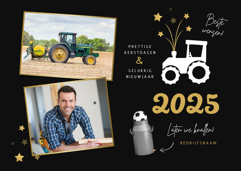 Nieuwjaarskaarten - Zakelijke nieuwjaarskaart tractor vuurwerk carbid 2025