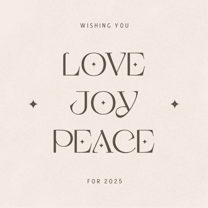 Nieuwjaarskaarten - Zandkleurige nieuwjaarskaart love joy peace