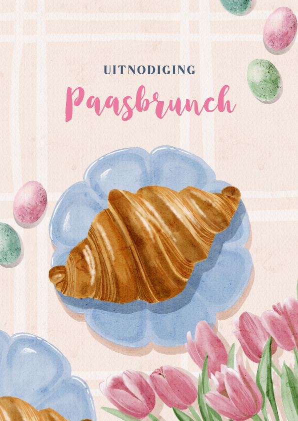 Paaskaarten - Uitnodiging paasbrunch met croissants en paaseieren