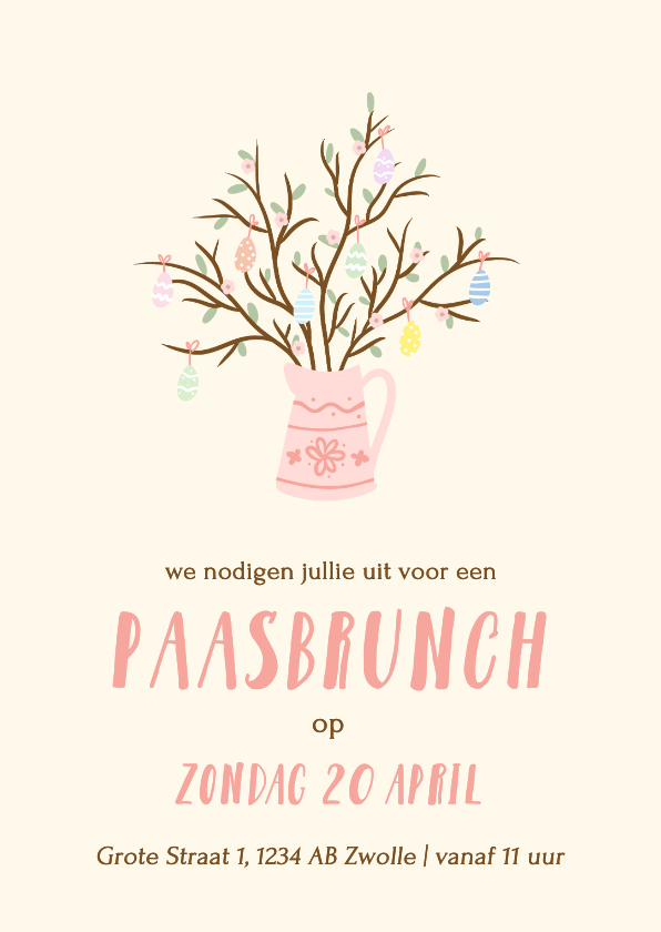 Paaskaarten - Vrolijke uitnodiging paasbrunch met paastak in vaas