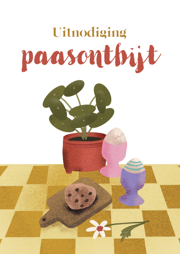 Paaskaarten - Vrolijke uitnodiging voor paasontbijt met plant en eieren
