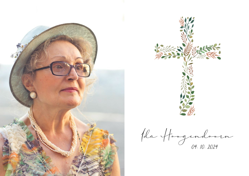 Rouwkaarten - Christelijke rouwkaart met grote foto en botanisch kruis