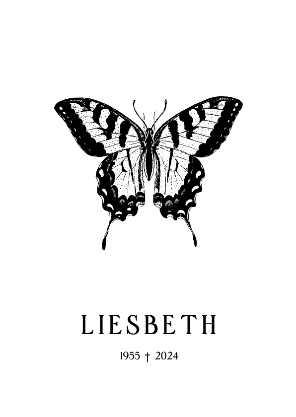 Rouwkaarten - Moderne rouwkaart met zwart witte vlinder illustratie 
