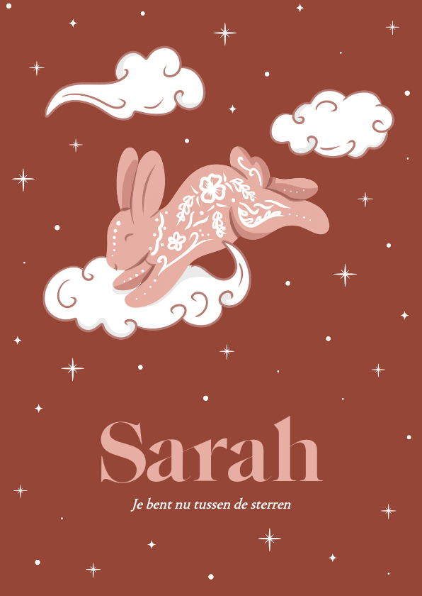 Rouwkaarten - Rouwkaart roze met konijntje in de wolken en sterren 