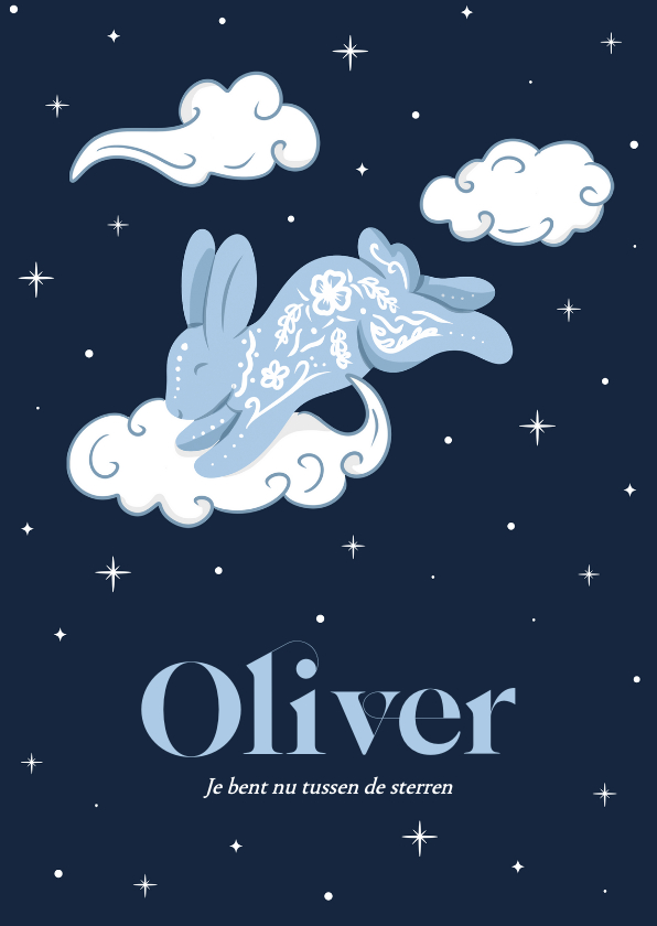 Rouwkaarten - Rouwkaartje met konijntje in de wolken en sterren blauw