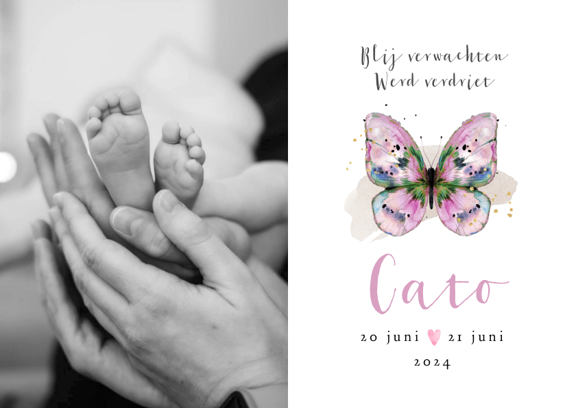 Rouwkaarten - Stijlvol rouwkaartje baby vlinder waterverf roze foto hart