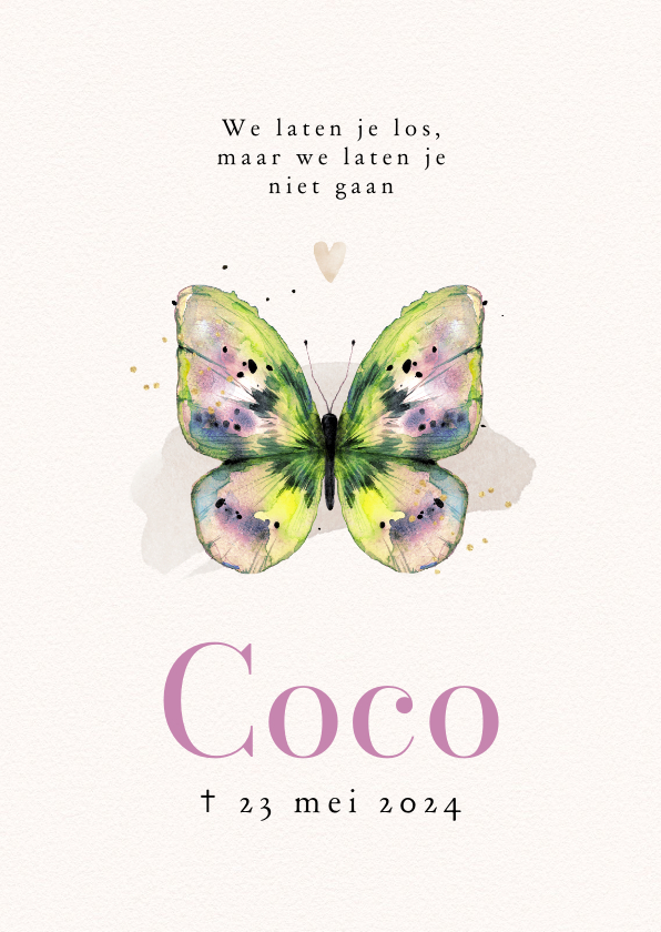 Rouwkaarten - Stijlvolle rouwkaart kleurrijke vlinder watercolor hartje