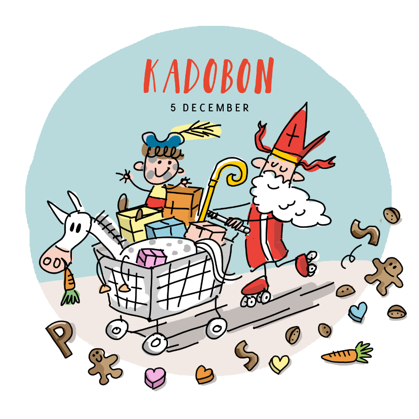 Sinterklaaskaarten - Kadobon 5 december met sint en piet met winkelwagen