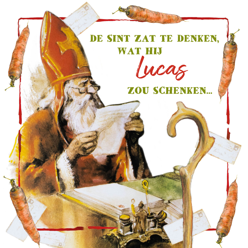 Sinterklaaskaarten - Sinterklaaskaart waar de Sint alle verlanglijstjes bekijkt