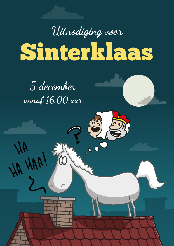 Sinterklaaskaarten - Uitnodiging Sinterklaas paard op het dak