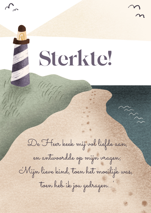 Sterkte kaarten - Christelijke sterkte kaart met gedicht, strand en vuurtoren