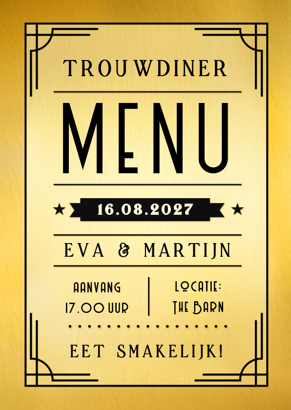 Trouwkaarten - Art-deco stijl bruiloft menukaart voor het trouwdiner