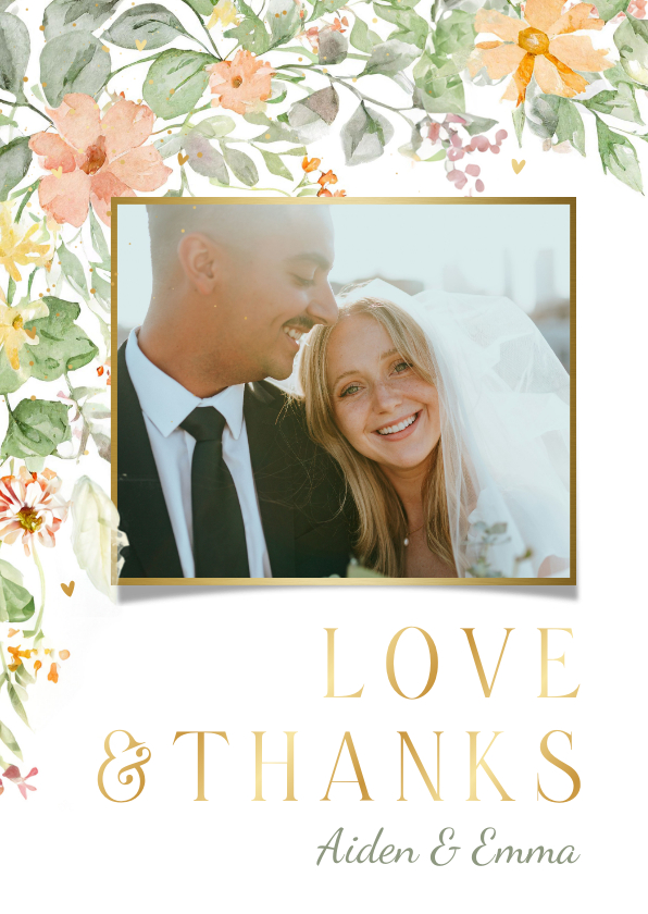 Trouwkaarten - Bedankkaart bloemen in de hoek romantisch goudfolie trouwen