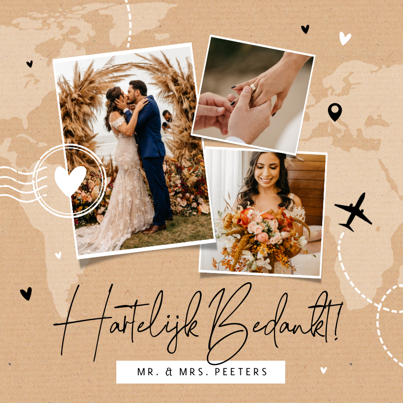 Trouwkaarten - Bedankkaart bruiloft buitenland fotocollage kraft reizen 