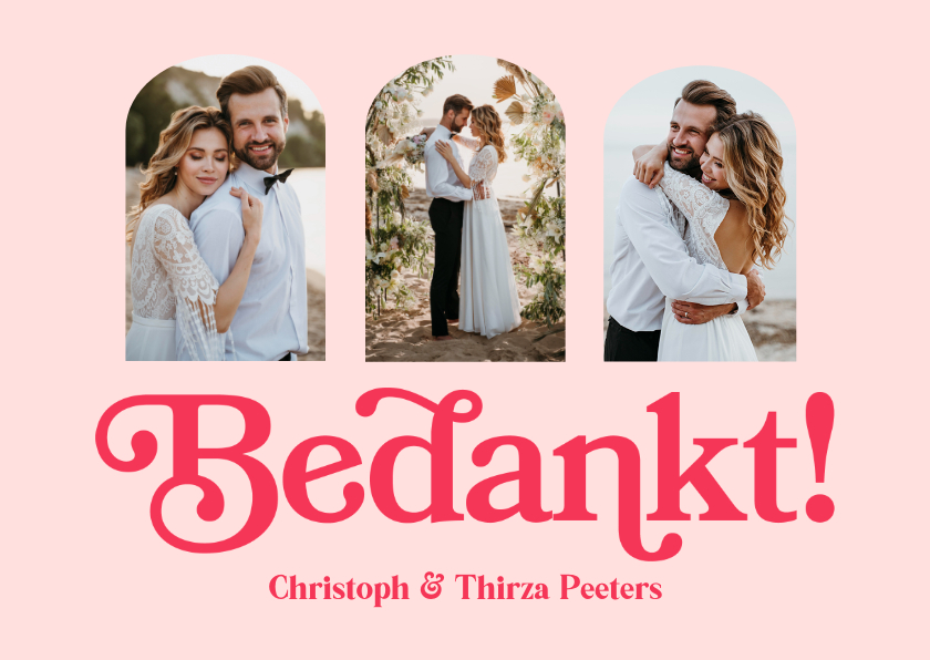 Trouwkaarten - Bedankkaart trouwen retro typografisch roze fotokaart