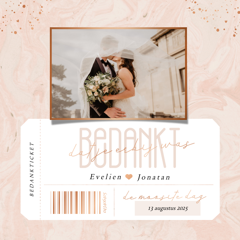 Trouwkaarten - Bedankkaartje voor huwelijk met foto roze marmer ticket