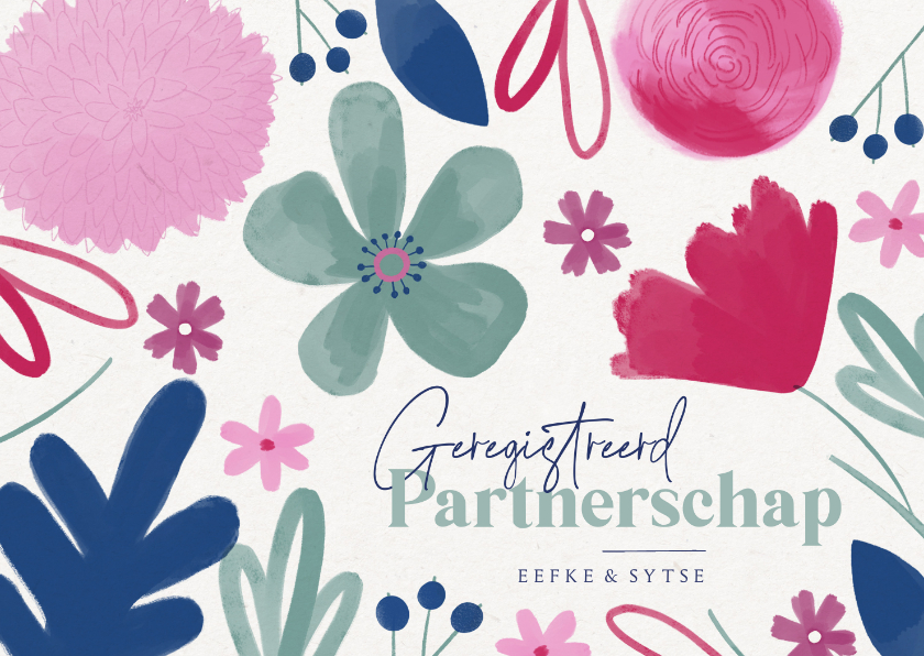 Trouwkaarten - Geregistreerd partnerschap vrolijke zomer bloemen trouwkaart