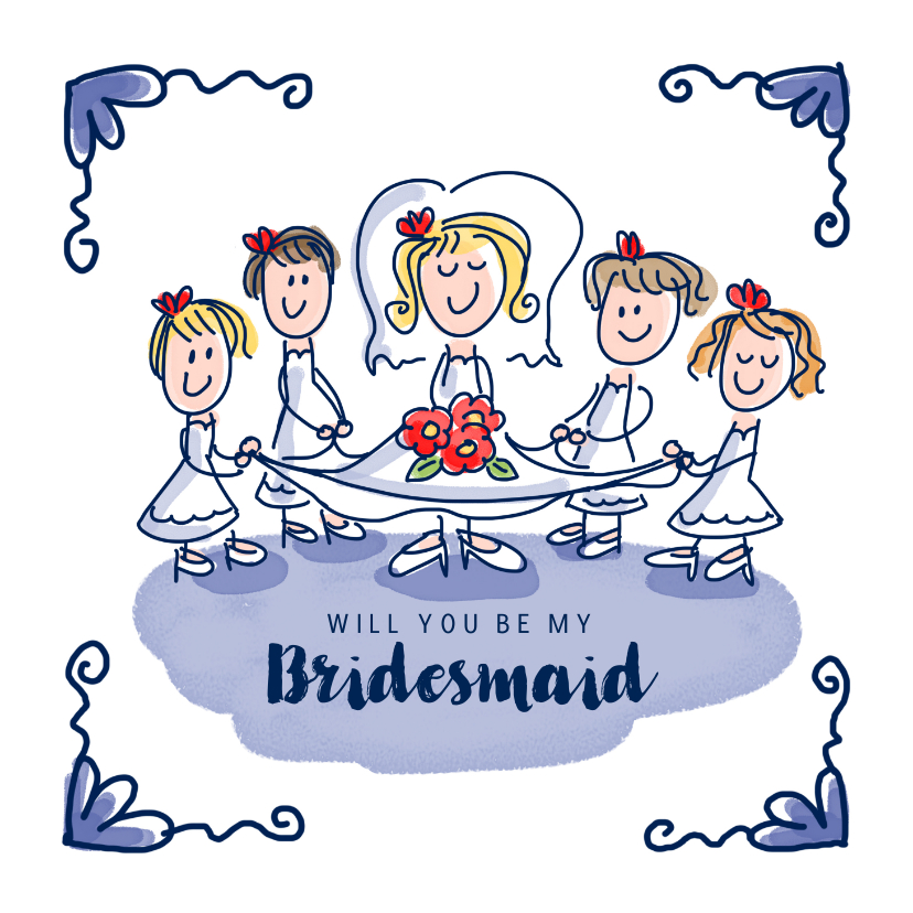 Trouwkaarten - Grappig hollands bruidsmeisje getuige delfts blauw 