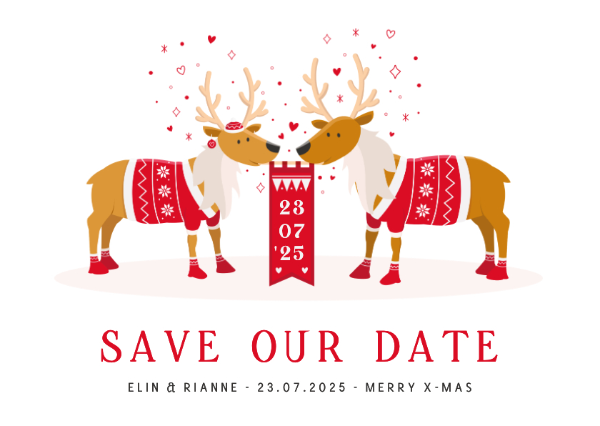 Trouwkaarten - Grappige Save the Date kerstkaart met 2 rendieren