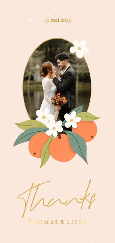 Trouwkaarten - Hip oranje trouwkaartje bedankt met sinaasappels en goud