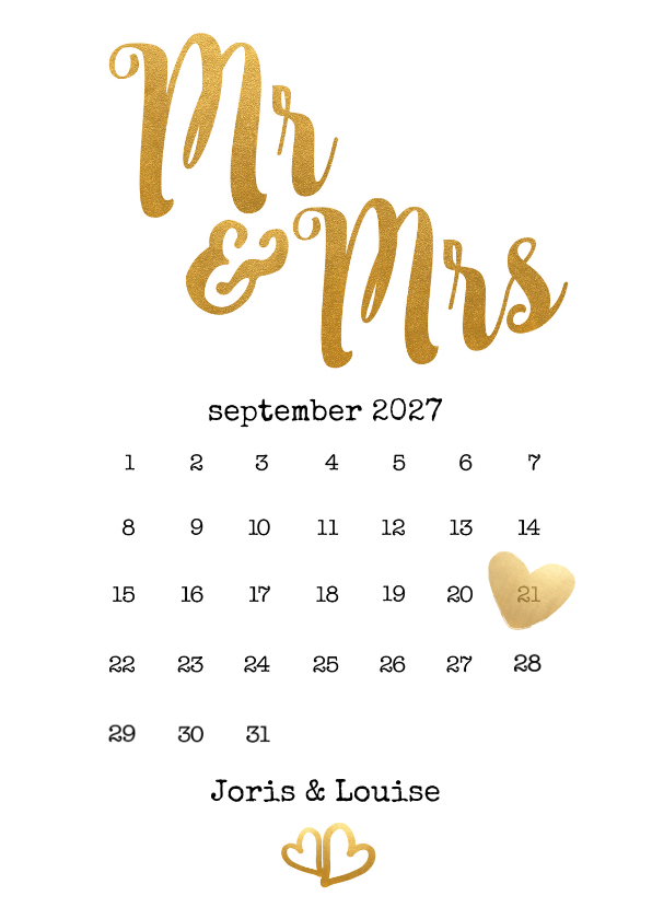 Trouwkaarten - Kalender Mr & Mrs goud - BK