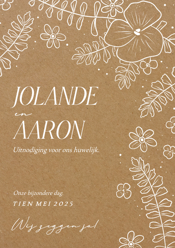 Trouwkaarten - Kraftlook trouwkaart met witte lijnillustraties van bloemen