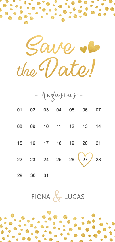 Trouwkaarten - Langwerpige Save the Date kaart kalender met gouden hartjes