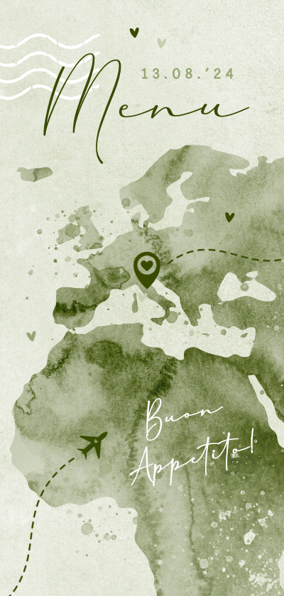 Trouwkaarten - Menukaart bruiloft buitenland landkaart menu groen
