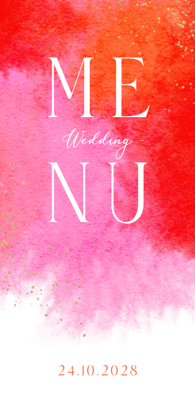 Trouwkaarten - Menukaart bruiloft hip waterverf roze oranje trend goud