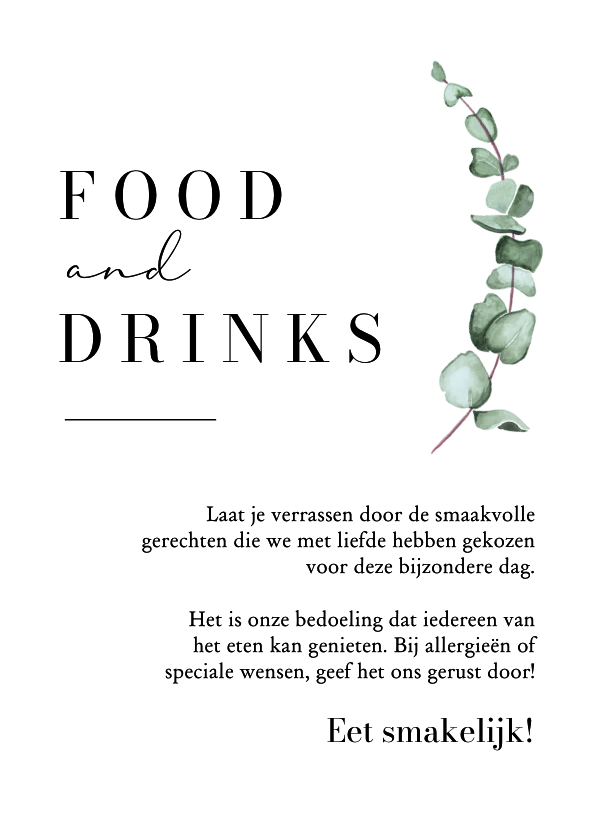 Trouwkaarten - Menukaart food drinks stijlvol klassiek eucalyptus