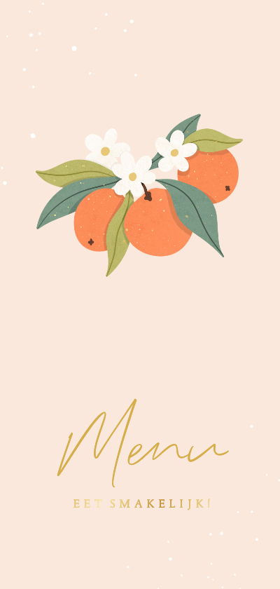 Trouwkaarten - Menukaart trouwen oranje met mandarijnen en goud