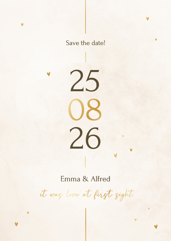 Trouwkaarten - Minimalistische save the date kaart met gouden details