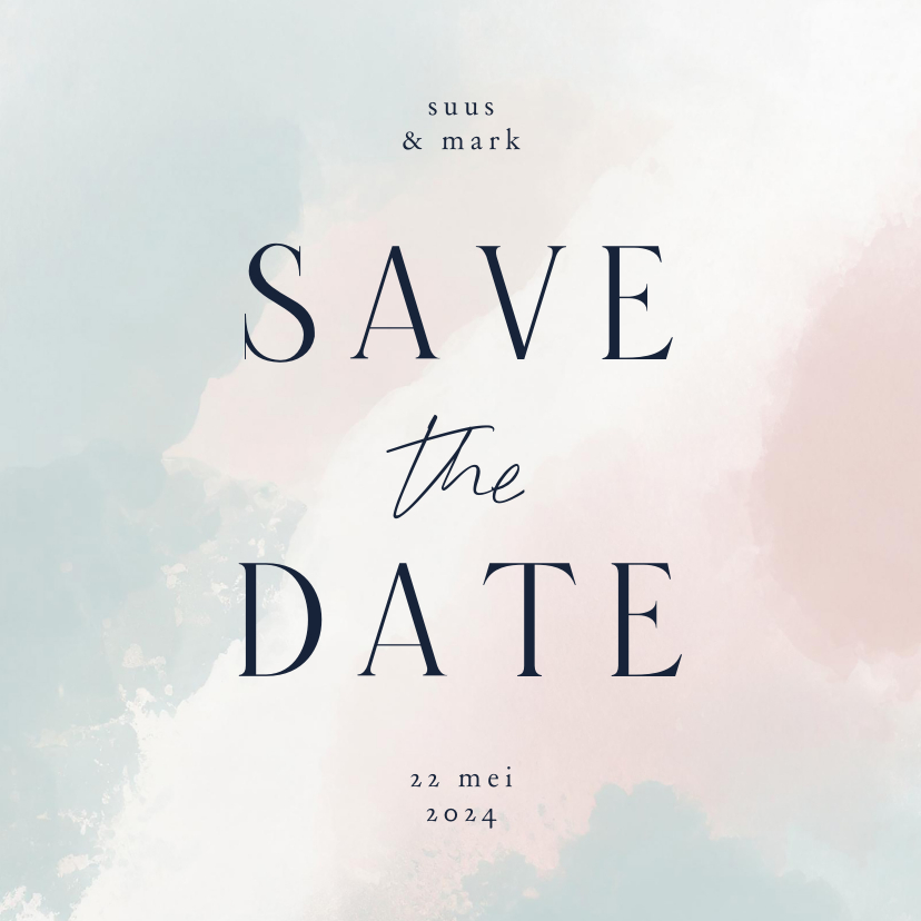 Trouwkaarten - Minimalistische save the date met waterverf blauw roze wit