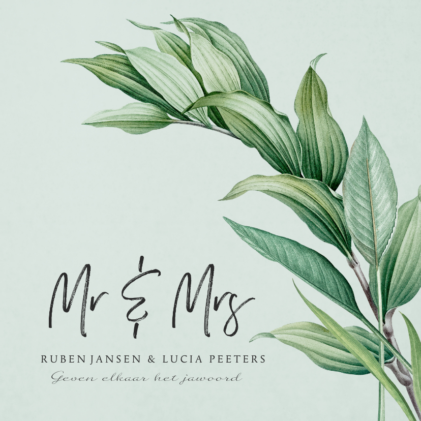 Trouwkaarten - Mr and Mrs trouwkaart botanisch groen bladeren stijlvol