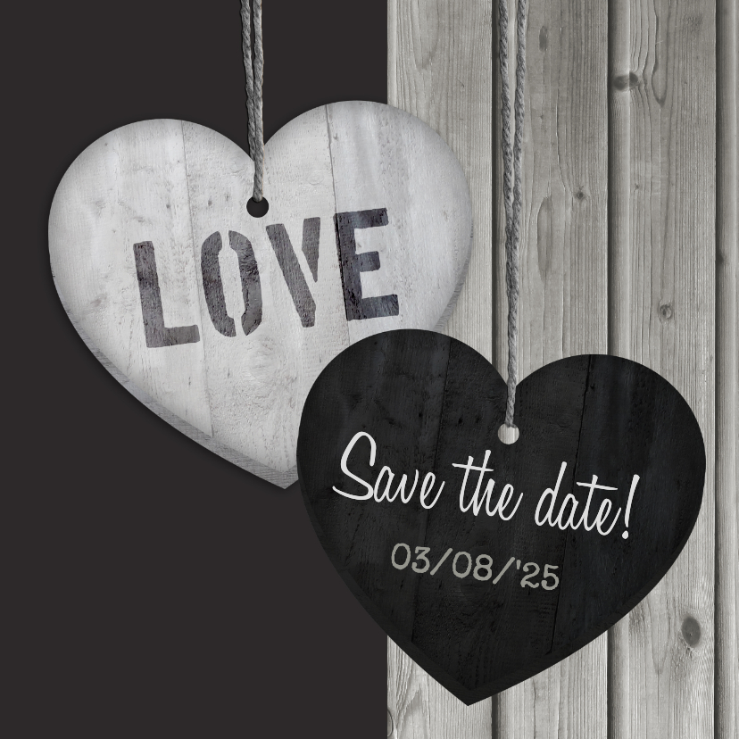 Trouwkaarten - Save the date Hout Hart hangers